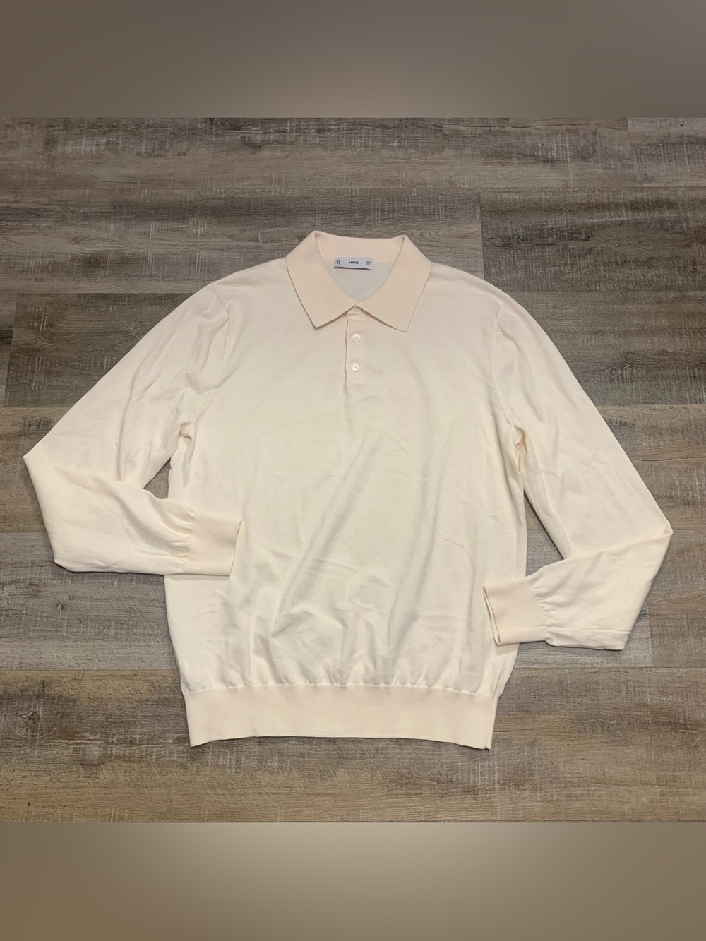 MNG Mango Off White Thin Knit Polo Shirt Long Sleeve Mens Medium